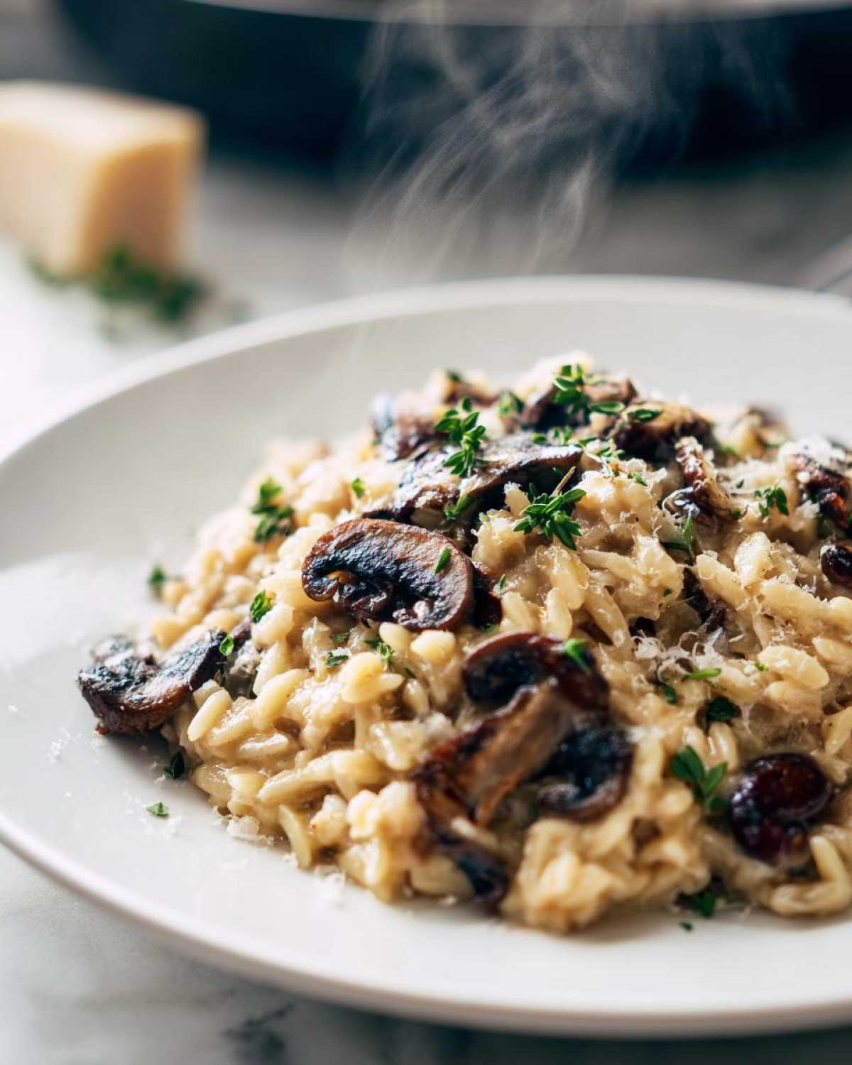 A close-up of steaming One-Pot Creamy Mushroom Orzo topped with sautéed mushrooms and fresh thyme.