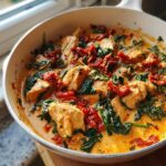 Close-up of One-Pot Creamy Sun-Dried Tomato Chicken with spinach in a white skillet.