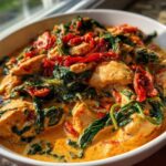 Close-up of One-Pot Creamy Sun-Dried Tomato Chicken with spinach and rich sauce in a white bowl.