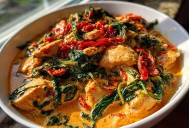 Close-up of One-Pot Creamy Sun-Dried Tomato Chicken with spinach and rich sauce in a white bowl.