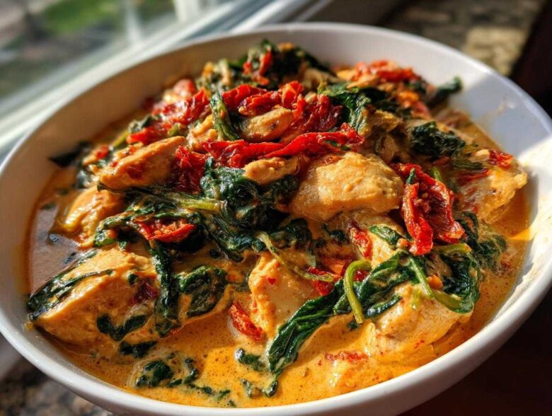 Close-up of One-Pot Creamy Sun-Dried Tomato Chicken with spinach and rich sauce in a white bowl.