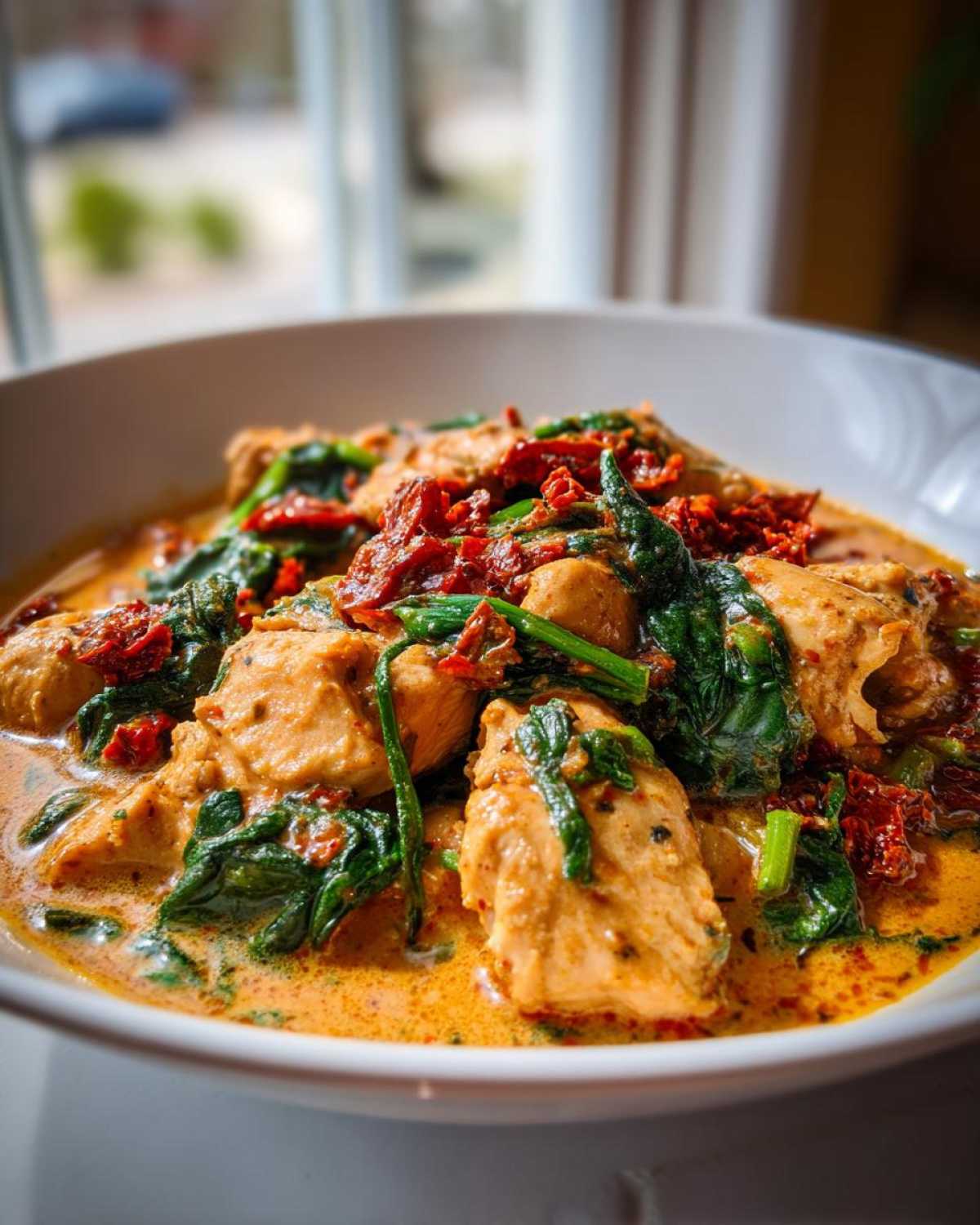 Close-up of One-Pot Creamy Sun-Dried Tomato Chicken with spinach and rich sauce in a white bowl.