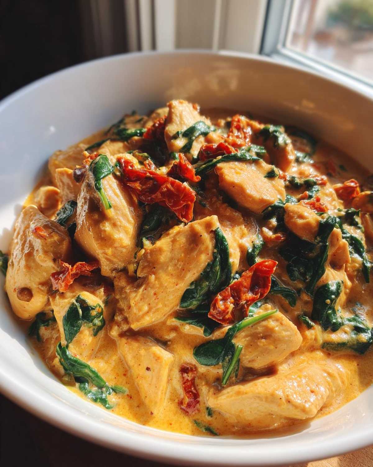 Close-up of One-Pot Creamy Sun-Dried Tomato Chicken with spinach chunks in a white bowl.