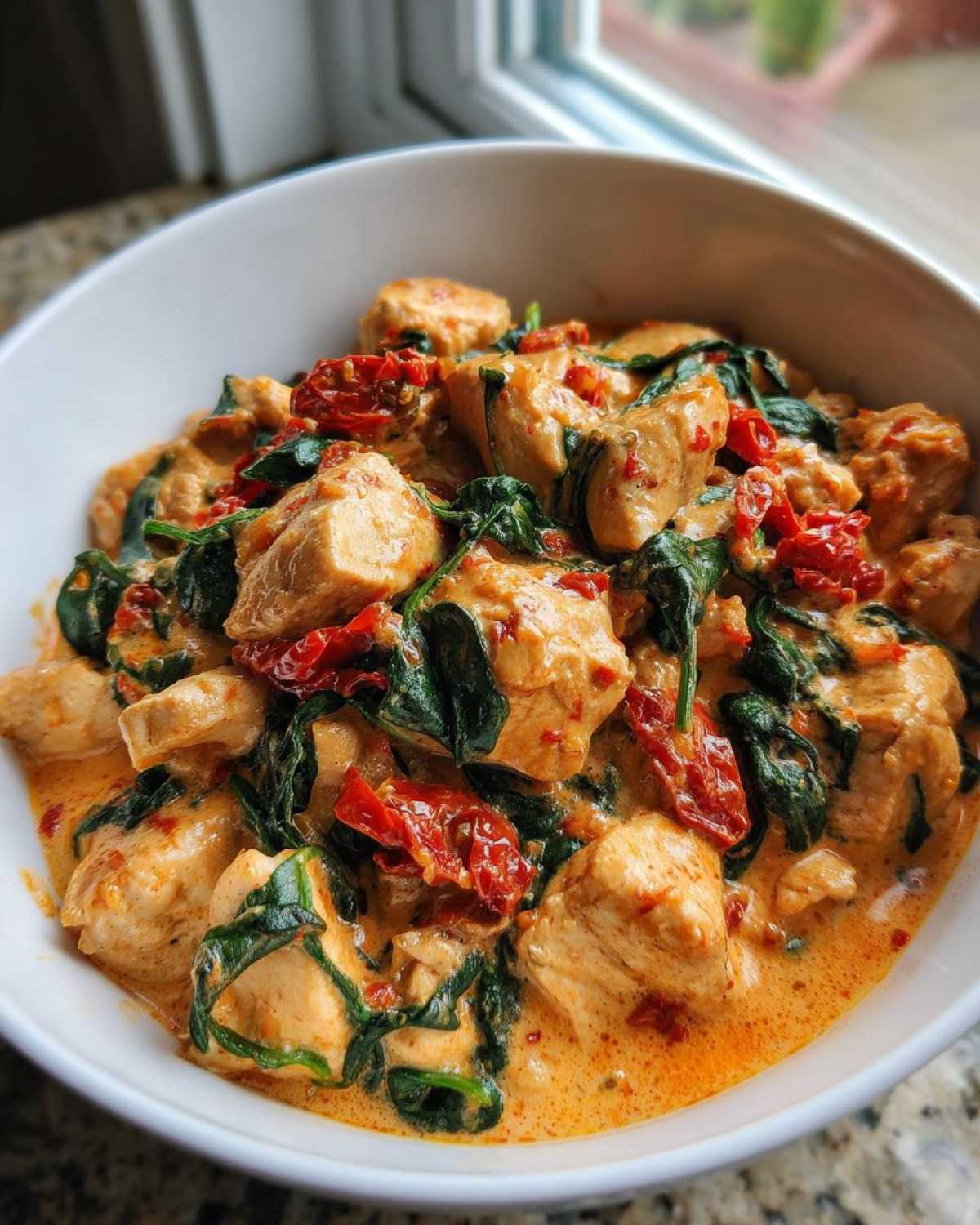 Close-up of One-Pot Creamy Sun-Dried Tomato Chicken with spinach served in a white bowl.