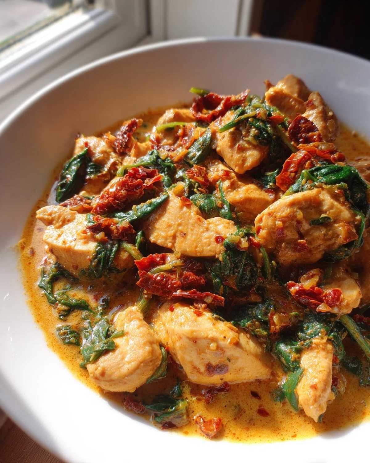 Close-up of tender chicken pieces coated in a rich, creamy sauce with spinach and sun-dried tomatoes: One-Pot Creamy Sun-Dried Tomato Chicken.