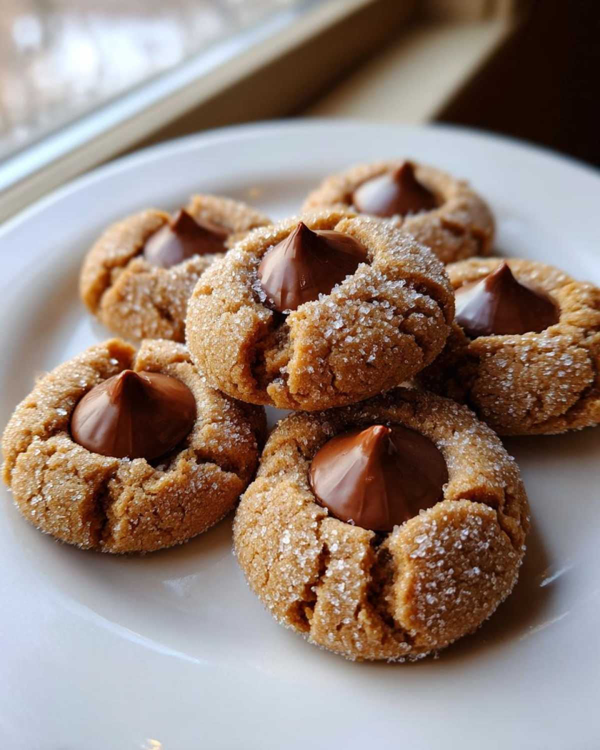 A stack of five sugary Peanut Butter Blossom Cookies with chocolate kisses pressed into the center.