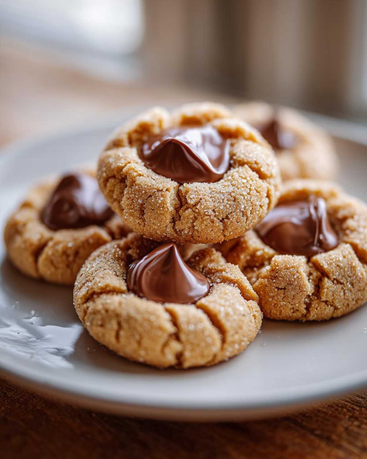 A stack of delicious Peanut Butter Blossom Cookies, featuring a chocolate kiss pressed into the center of each sugar-coated cookie.