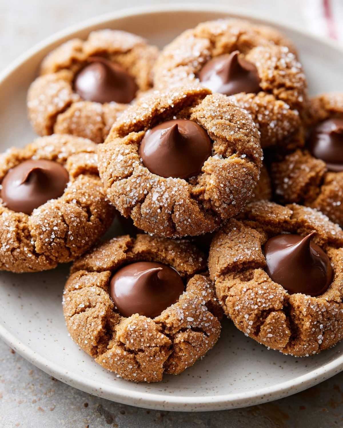 A plate piled high with freshly baked Peanut Butter Blossom Cookies, each rolled in sugar and topped with a chocolate kiss.