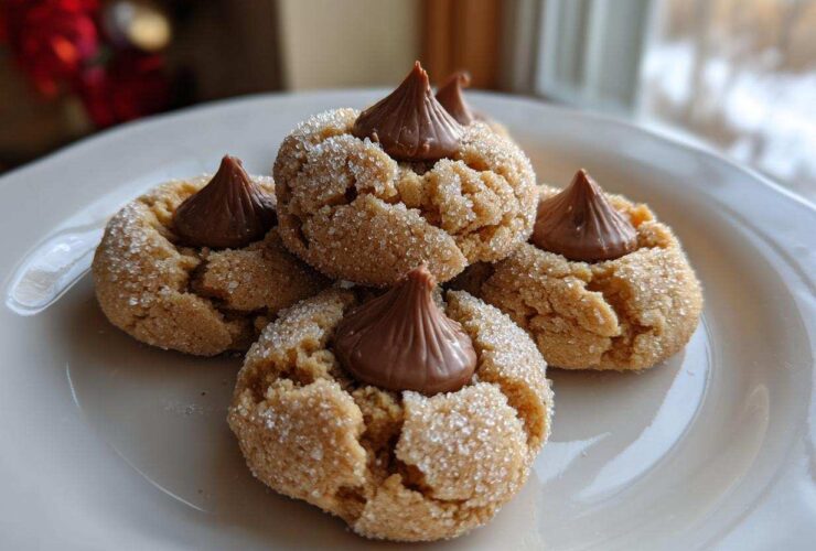 A close-up of four delicious Peanut Butter Blossom Cookies, rolled in sugar and topped with a chocolate kiss, resting on a white plate.