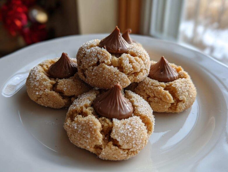 A close-up of four delicious Peanut Butter Blossom Cookies, rolled in sugar and topped with a chocolate kiss, resting on a white plate.