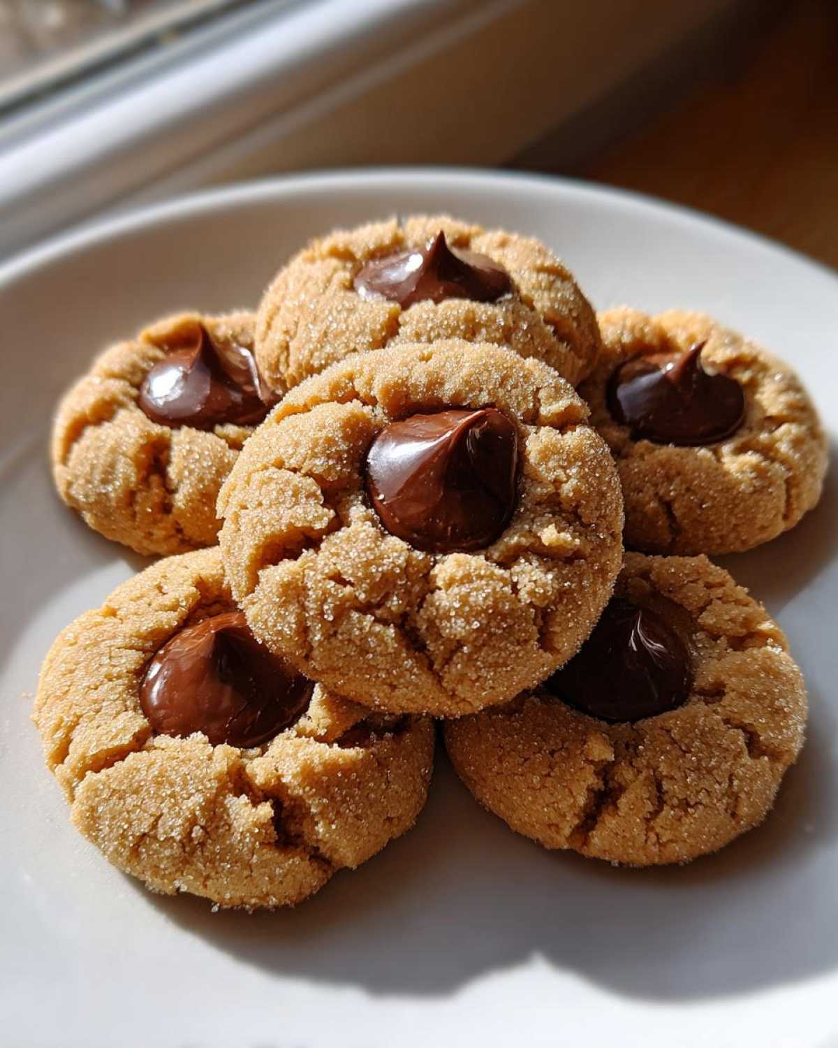Close-up of five Peanut Butter Blossom Cookies, rolled in sugar, with chocolate kisses on a white plate.