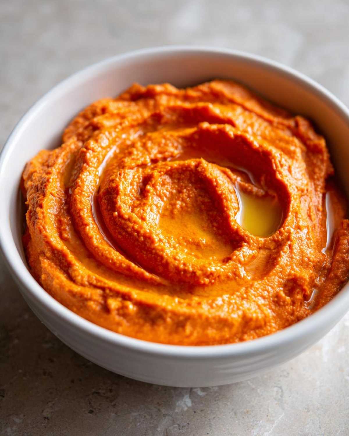 Close-up of vibrant orange Roasted Red Pepper Hummus swirled in a white bowl with a drizzle of olive oil.