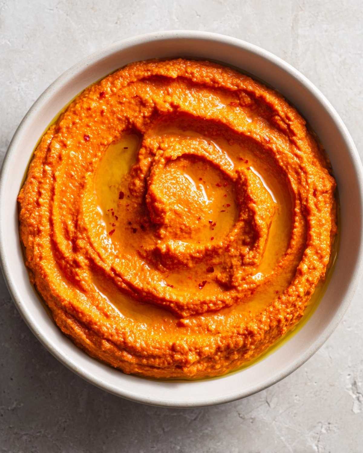 Overhead view of creamy, bright orange Roasted Red Pepper Hummus swirled in a white bowl, drizzled with olive oil.