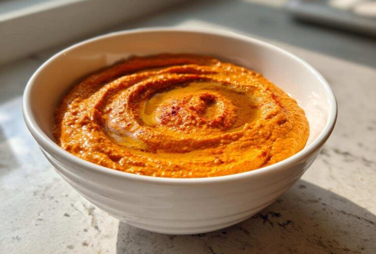 A close-up of bright orange Roasted Red Pepper Hummus swirled in a white bowl, drizzled with olive oil.