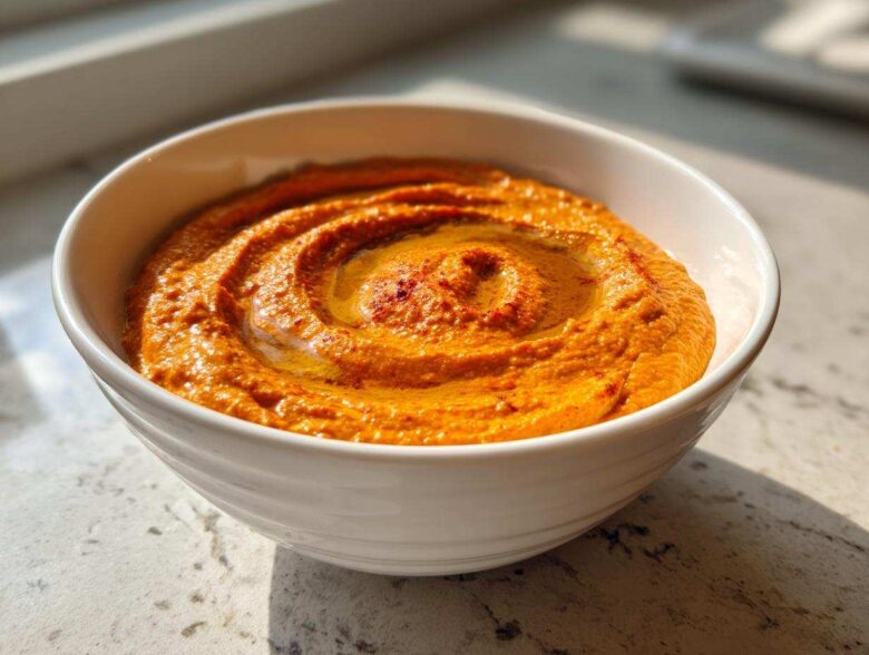 A close-up of bright orange Roasted Red Pepper Hummus swirled in a white bowl, drizzled with olive oil.