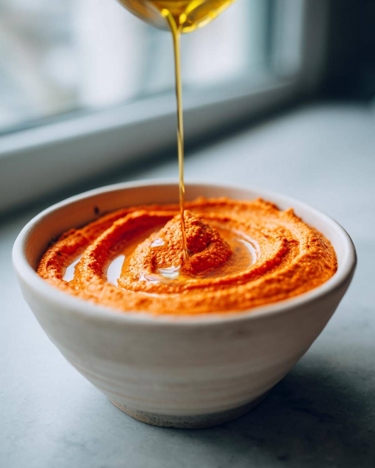 A close-up of vibrant orange Roasted Red Pepper Hummus being drizzled with a stream of olive oil.
