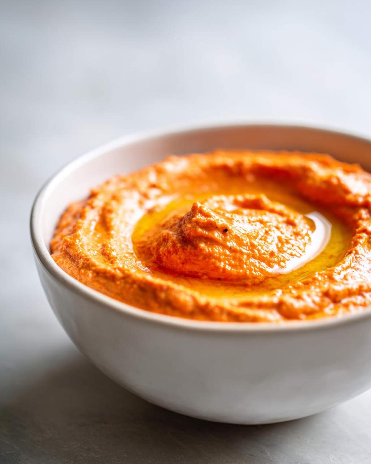 Close-up of creamy, bright orange Roasted Red Pepper Hummus topped with a swirl of olive oil in a white bowl.