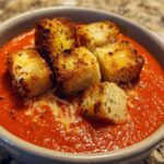 A bowl of vibrant Roasted Tomato Basil Soup topped with golden Grilled Cheese Croutons and shredded cheese.