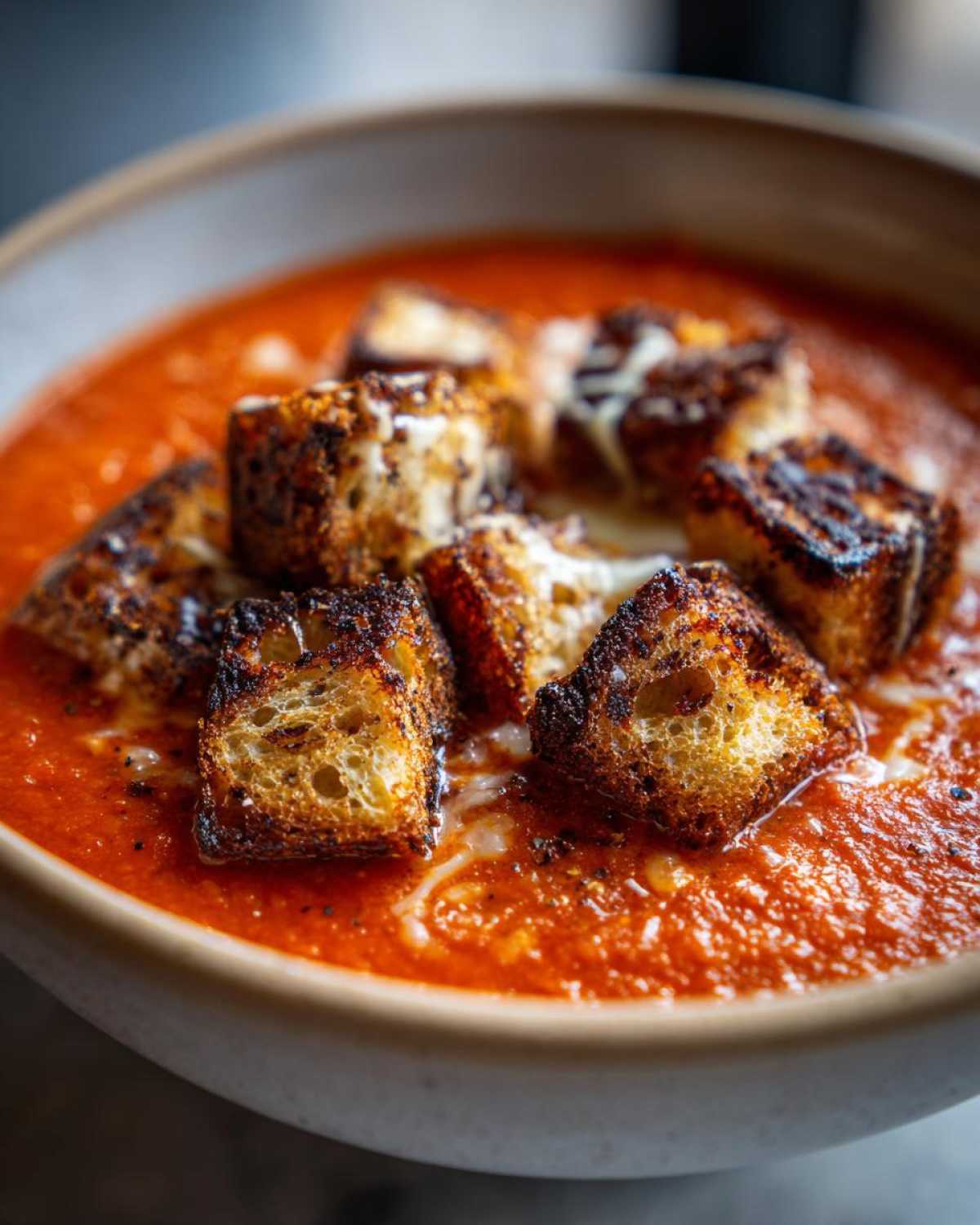 Close-up of vibrant Roasted Tomato Basil Soup topped with crispy Grilled Cheese Croutons and melted cheese.