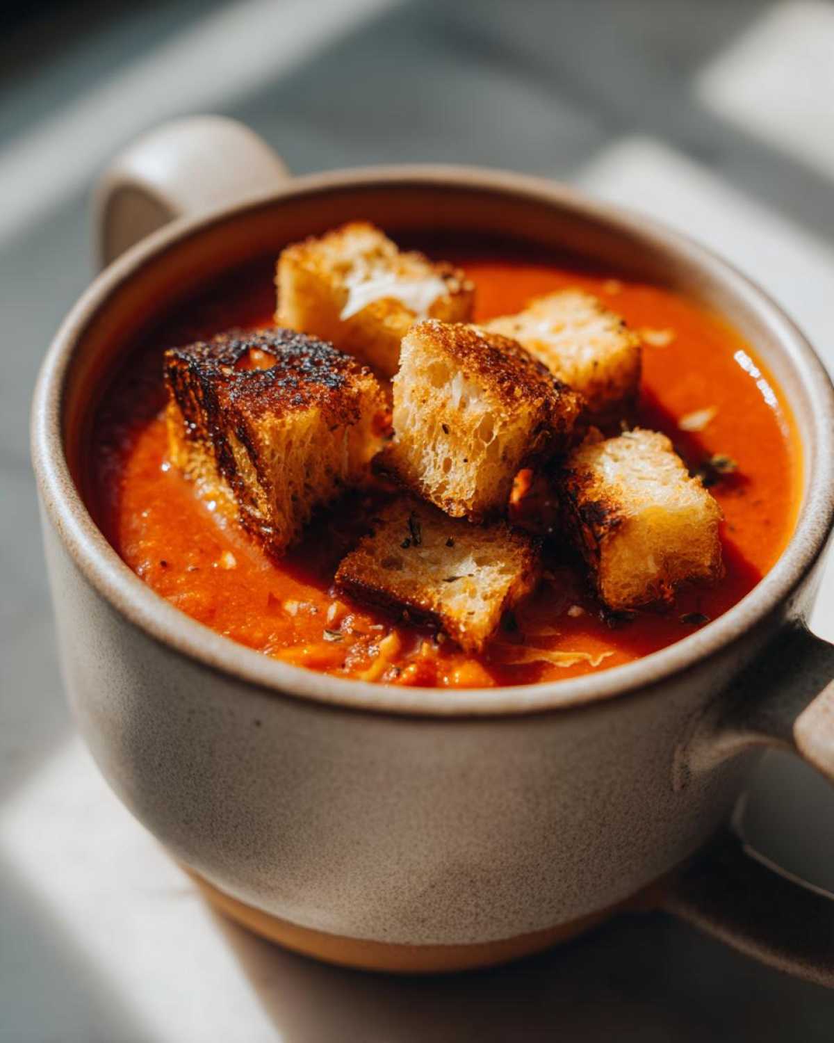 Close-up of bright red Roasted Tomato Basil Soup topped with golden Grilled Cheese Croutons in a ceramic mug.