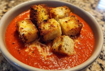 A bowl of vibrant Roasted Tomato Basil Soup topped with golden Grilled Cheese Croutons and shredded cheese.