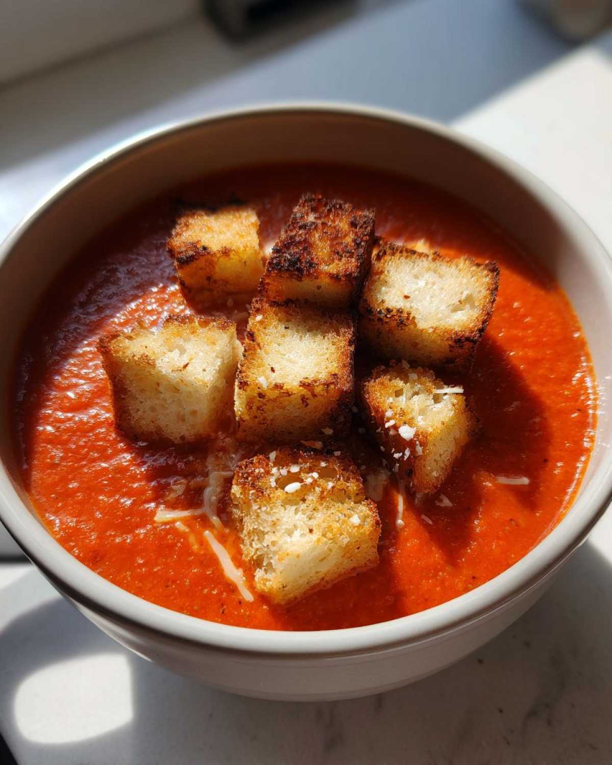 A close-up of a bowl of vibrant Roasted Tomato Basil Soup topped with golden Grilled Cheese Croutons and grated Parmesan.