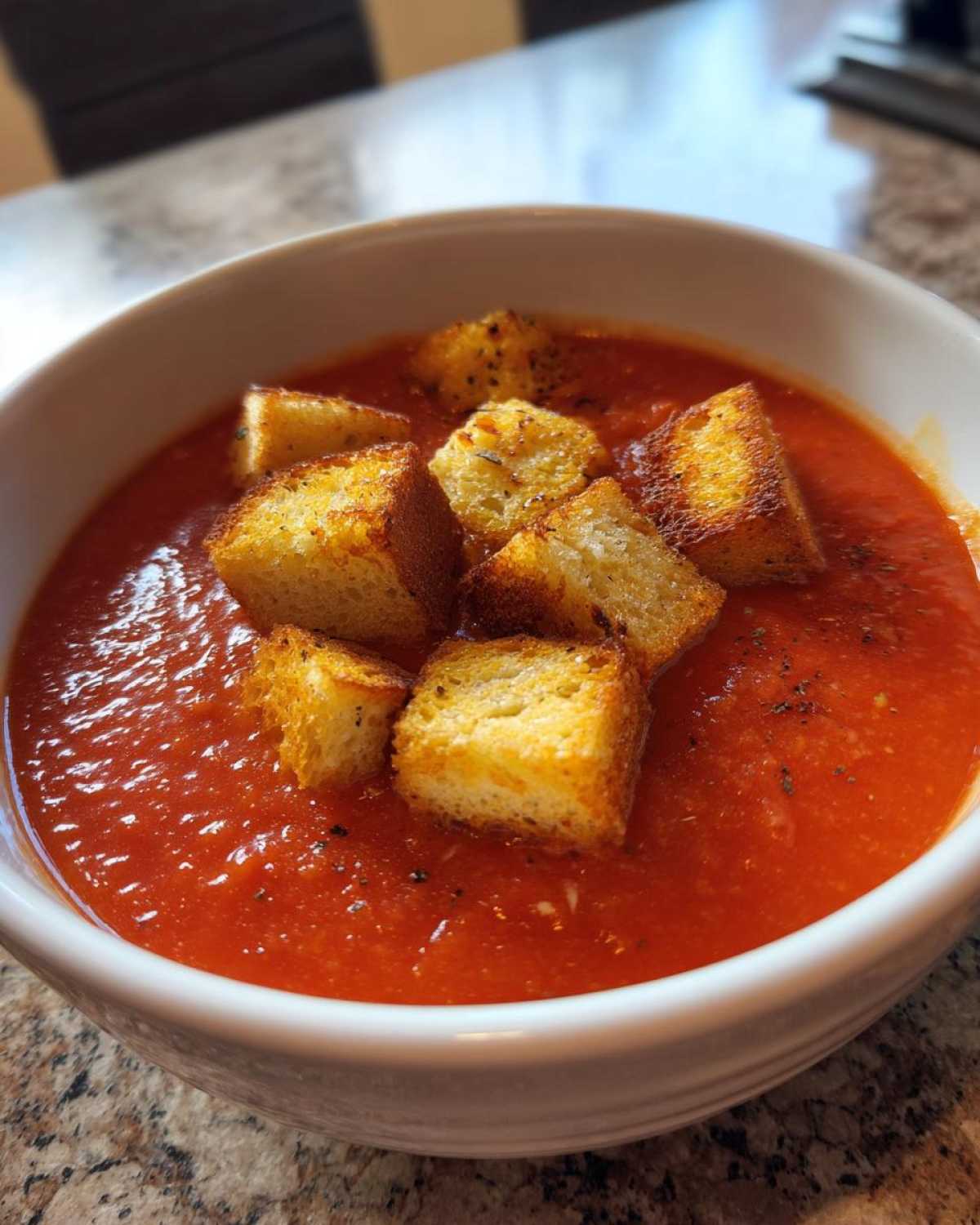 A white bowl filled with vibrant Roasted Tomato Basil Soup topped with golden Grilled Cheese Croutons.
