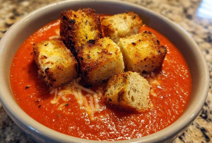 A bowl of vibrant Roasted Tomato Basil Soup topped with golden Grilled Cheese Croutons and shredded cheese.
