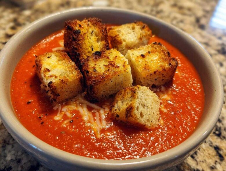A bowl of vibrant Roasted Tomato Basil Soup topped with golden Grilled Cheese Croutons and shredded cheese.