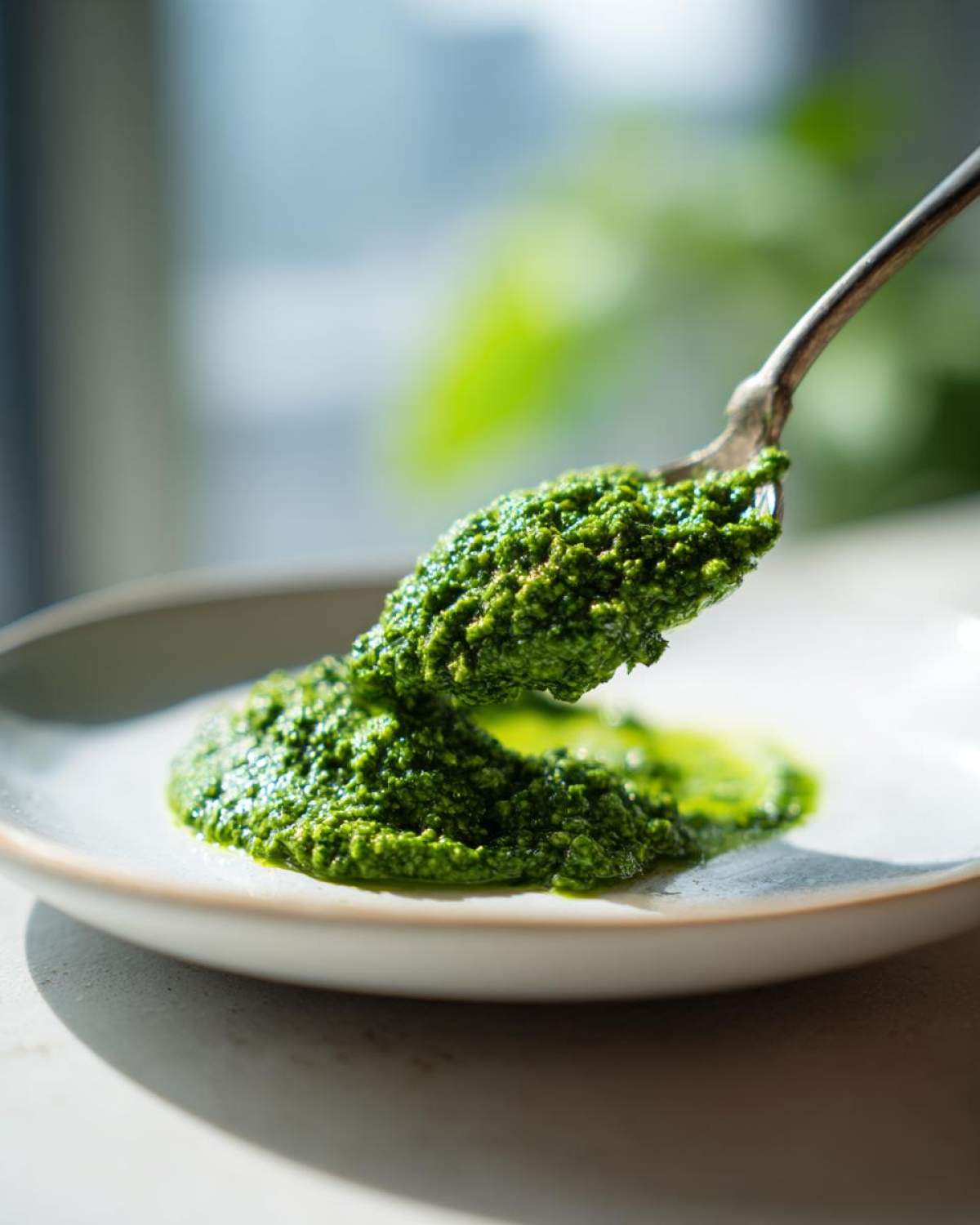 A spoonful of vibrant green Vegan Basil Pesto is being placed onto a light-colored plate.