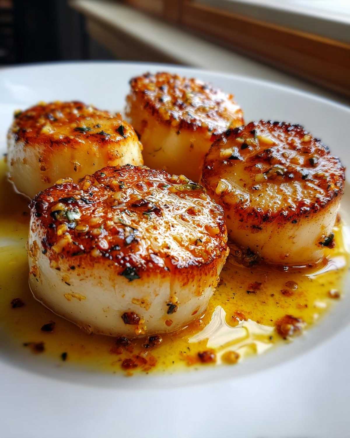 Close-up of four golden-brown, seared Garlic Butter Scallops with Lemon resting in a pool of buttery sauce.