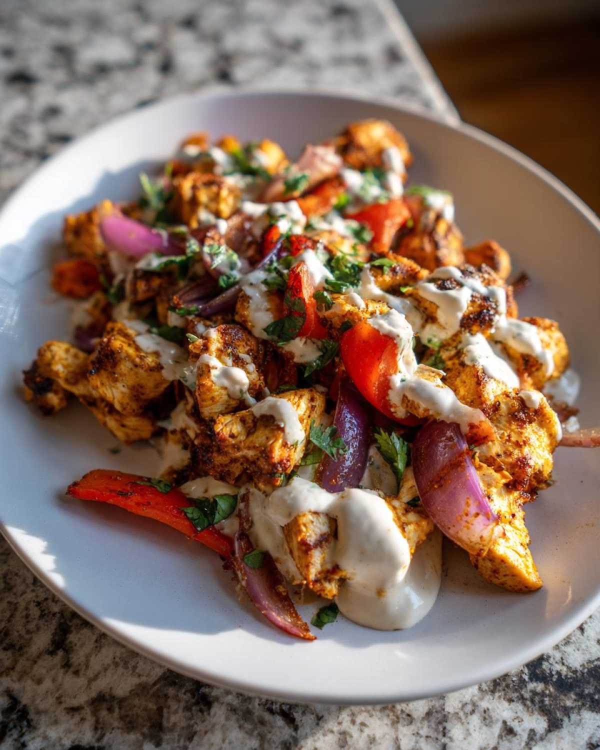 Close-up of Sheet Pan Chicken Shawarma pieces topped with red onion, tomato, and a generous drizzle of garlic yogurt sauce.