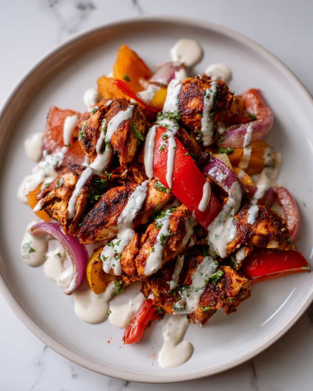 Close-up of Sheet Pan Chicken Shawarma pieces topped with garlic yogurt sauce on a white plate.