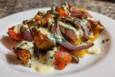 Close-up of Sheet Pan Chicken Shawarma pieces and roasted vegetables drizzled with garlic yogurt sauce.