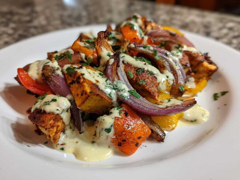Close-up of Sheet Pan Chicken Shawarma pieces and roasted vegetables drizzled with garlic yogurt sauce.