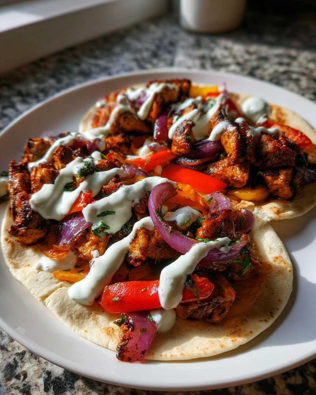 Two servings of Sheet Pan Chicken Shawarma with roasted peppers, red onion, and garlic yogurt sauce on pita bread.