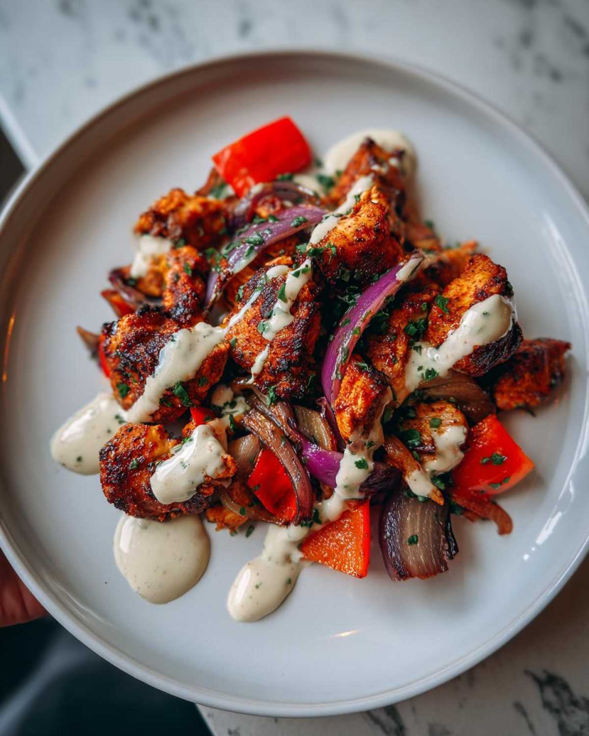 Close-up of Sheet Pan Chicken Shawarma pieces mixed with roasted red onions and peppers, drizzled generously with garlic yogurt sauce.