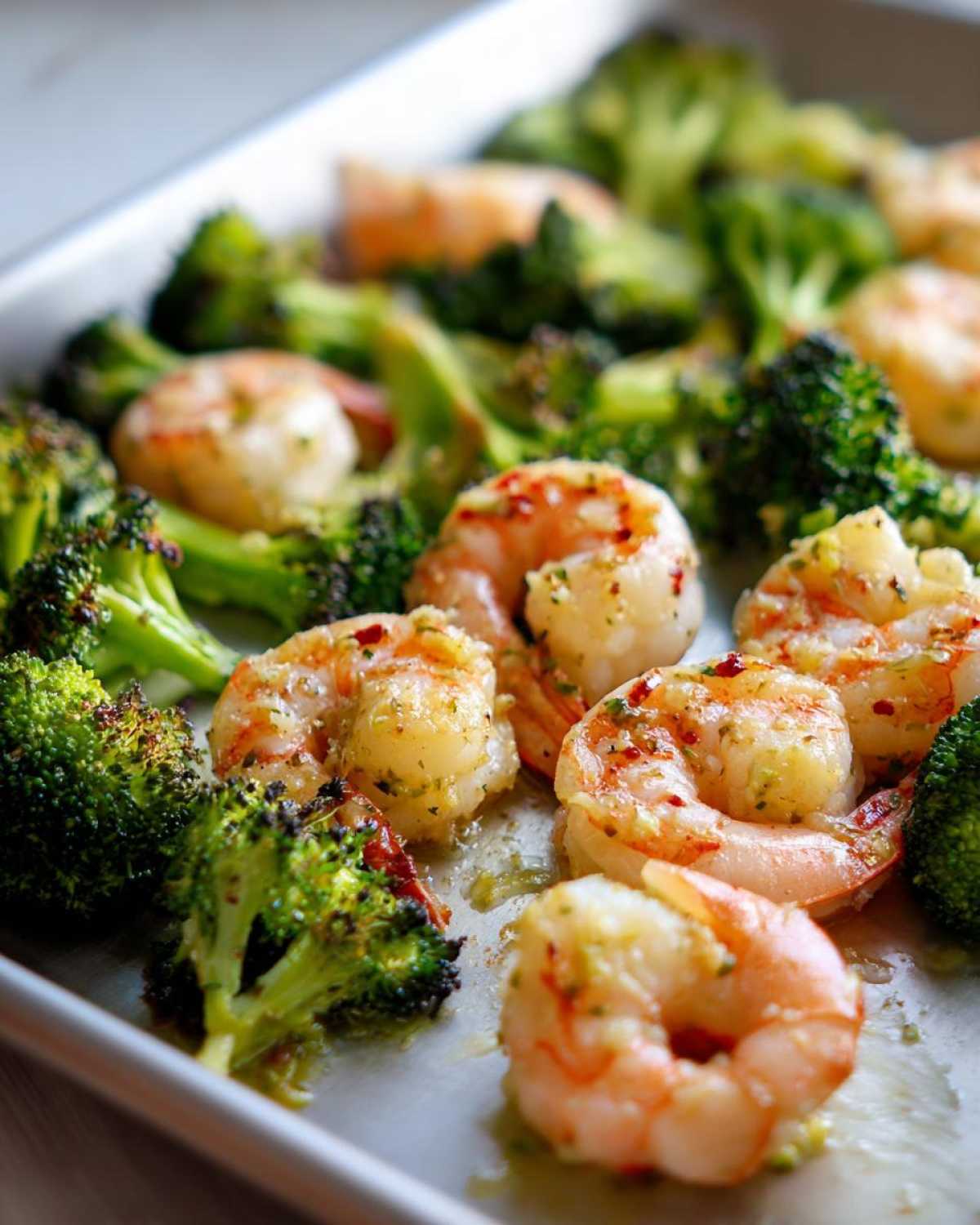 Close-up of cooked shrimp and roasted broccoli seasoned with garlic butter on a sheet pan.