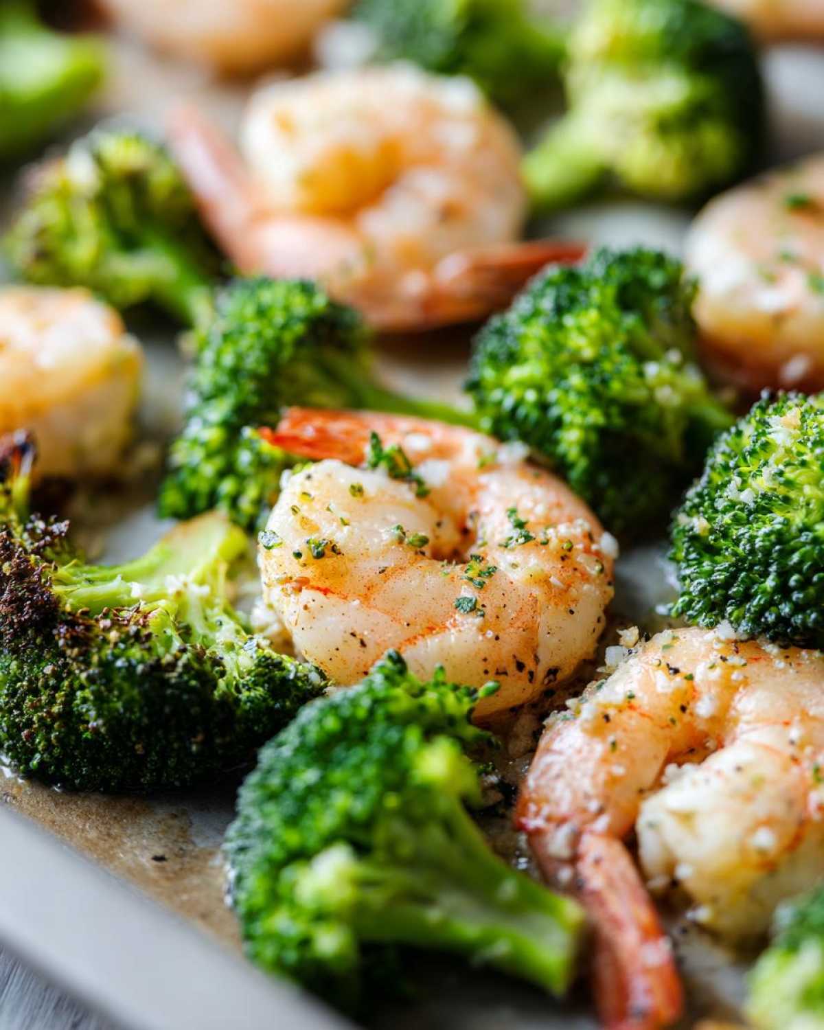 Close-up of cooked shrimp and roasted broccoli florets seasoned with garlic butter on a sheet pan.