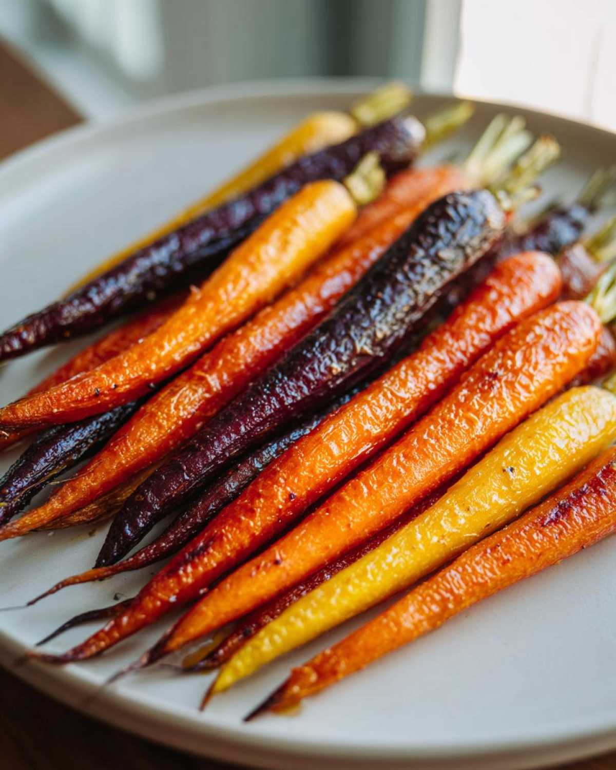 Close-up of glossy, roasted Sheet Pan Roasted Rainbow Carrots with Honey, showing orange, yellow, and purple varieties.
