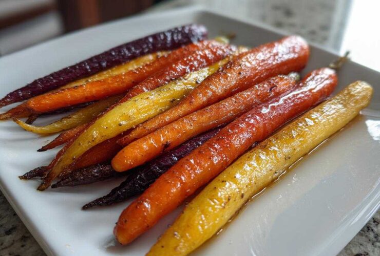 Close-up of glistening Sheet Pan Roasted Rainbow Carrots with Honey on a white platter.