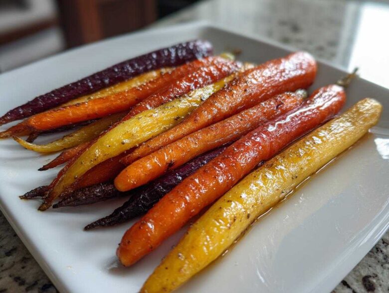 Close-up of glistening Sheet Pan Roasted Rainbow Carrots with Honey on a white platter.