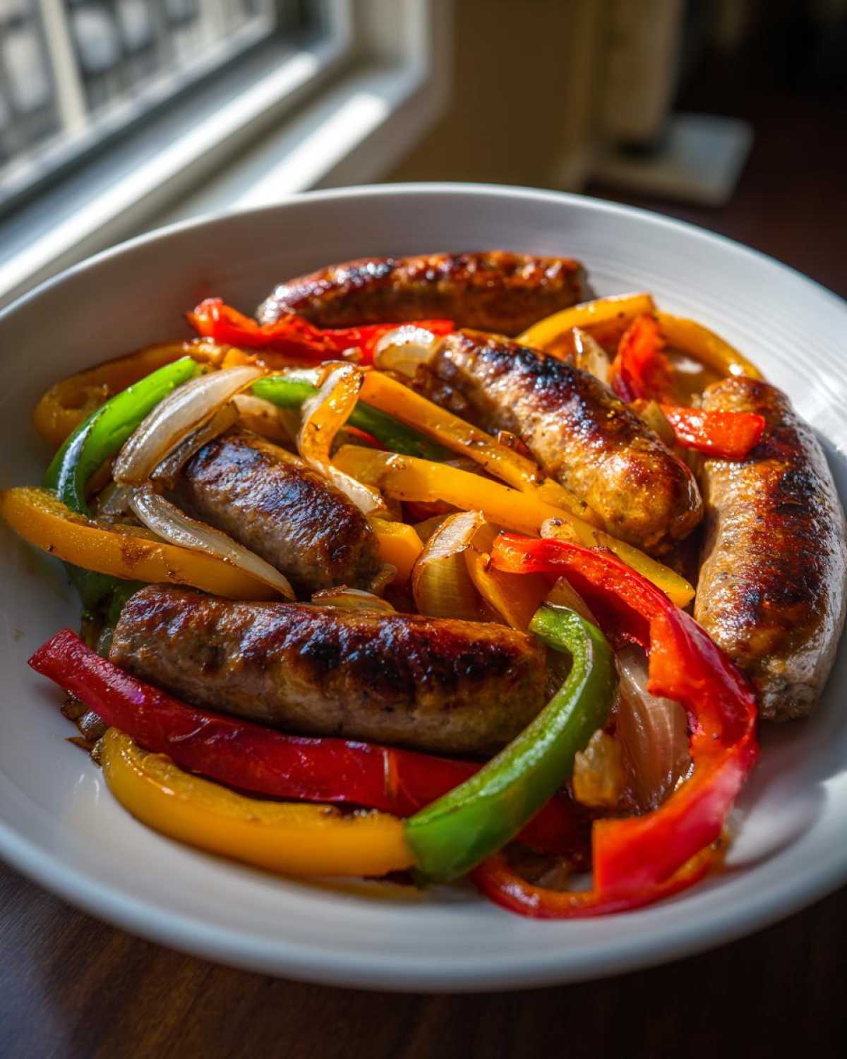 Close-up of browned sausages mixed with colorful roasted peppers and onions, the Sheet Pan Sausage and Peppers dish.