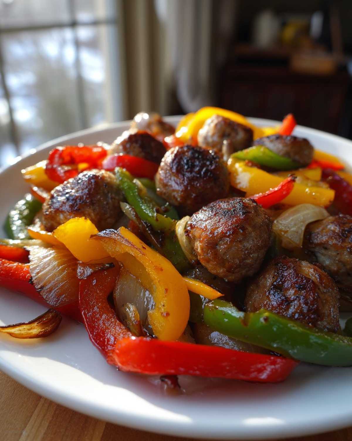 A close-up of browned sausage meatballs mixed with roasted red, yellow, and green peppers and onions from the Sheet Pan Sausage and Peppers recipe.