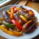 Close-up of grilled sausages nestled among colorful roasted bell peppers and onions in Sheet Pan Sausage and Peppers.