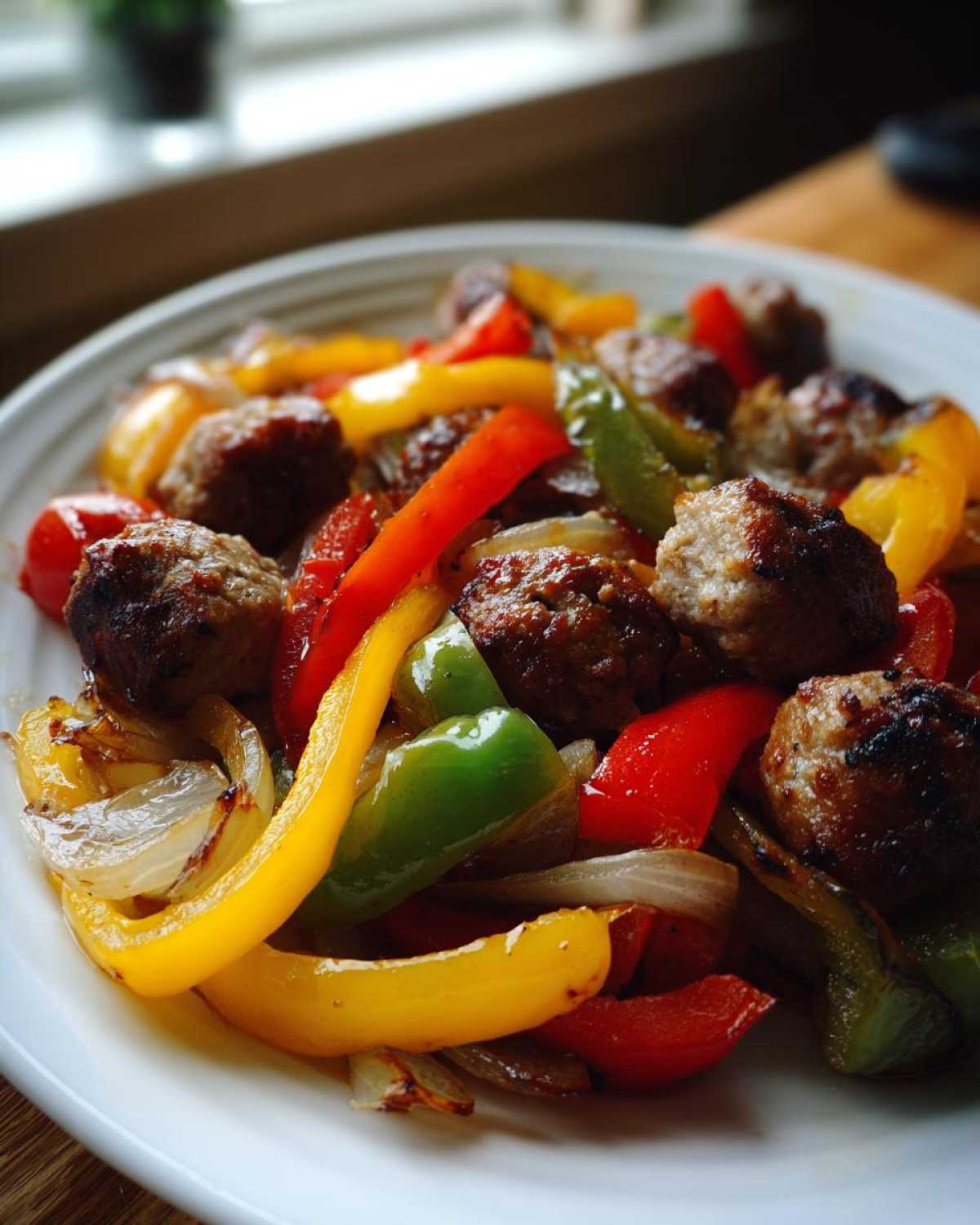 A close-up of cooked sausage pieces mixed with colorful bell peppers and onions, ready to eat, representing Sheet Pan Sausage and Peppers.