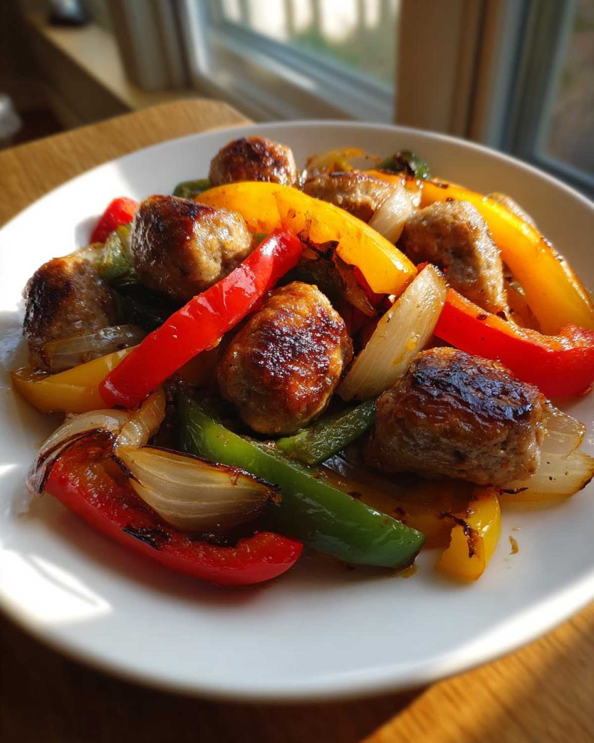 A white plate filled with browned sausage pieces, red, yellow, and green peppers, and onions from Sheet Pan Sausage and Peppers.