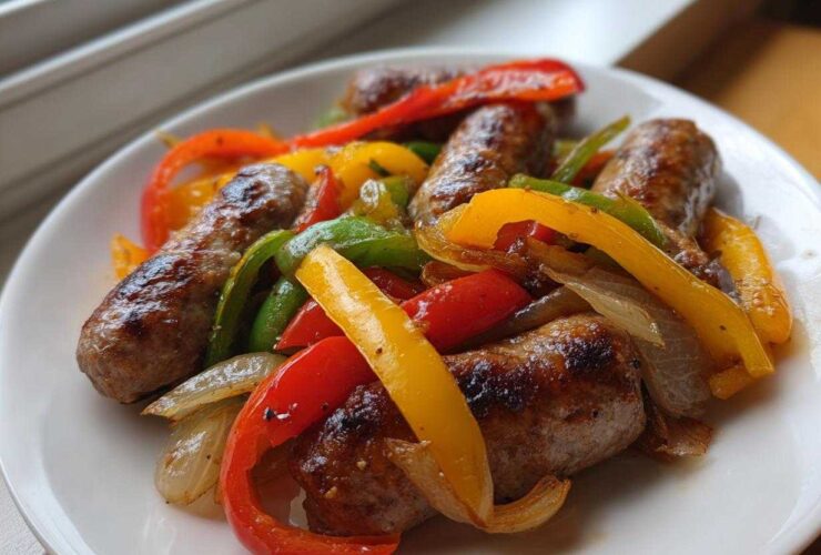 Close-up of browned sausages mixed with colorful bell peppers and onions, a perfect Sheet Pan Sausage and Peppers serving.