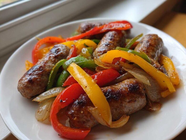Close-up of browned sausages mixed with colorful bell peppers and onions, a perfect Sheet Pan Sausage and Peppers serving.
