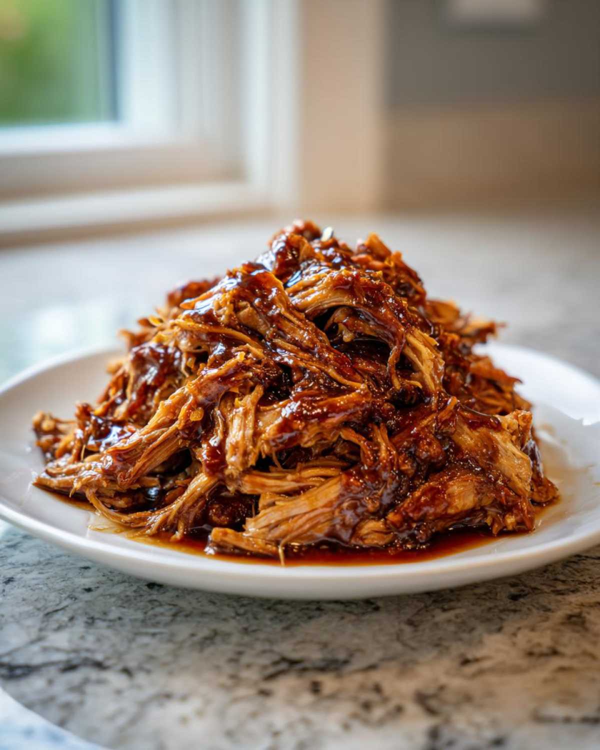 A close-up of shredded Slow Cooker Honey Garlic Pulled Pork piled high on a white plate, glistening with sauce.